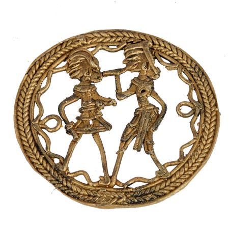 Round Brass Wall Hanging Warli Jali Tribal Dancing Couple 