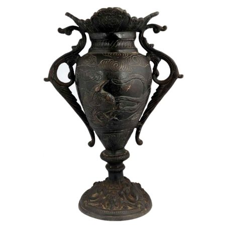 Black Brass Urn Flower Vase Mystical Birds Carved Pattern Clouds And Swirl Peacock Handles