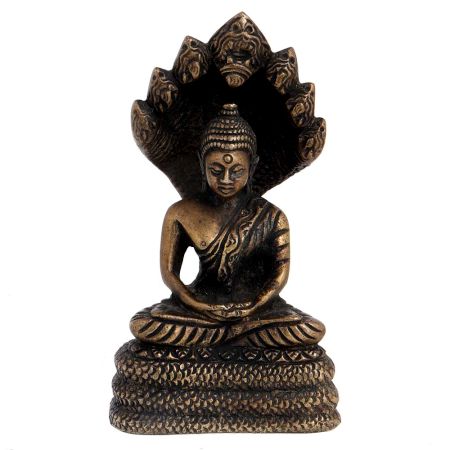 Brass Buddha Statue Sitting Under Snake Hood