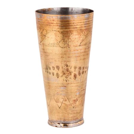 Three Band Carved Design Brass Lassi Glass