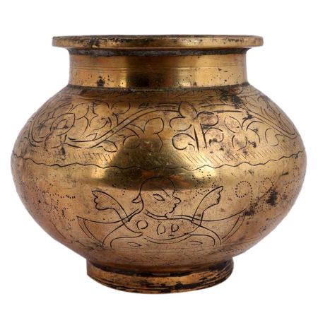 Brass Water Pot Engraved God Image And Floral Border