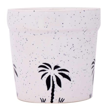 White Ceramic Pot For Indoor Plants With Painted Palm Tree