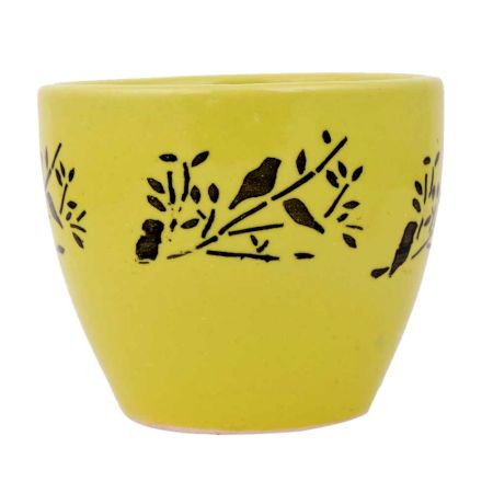 Ceramic Pot Hand painted With Yellow And Black With Small Birds On Branch