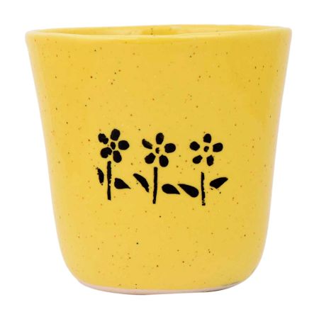 Yellow Ceramic Pot With Hand painted Black Flowers