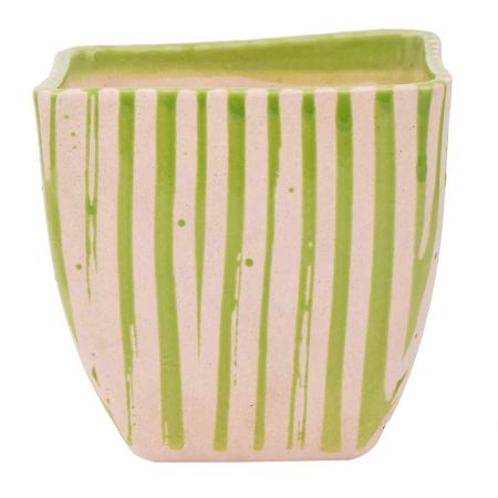 Hand painted Green Stripe Design Pot For Interior Design