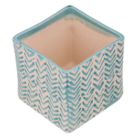 Square Ceramic Pot With Blue Chevron Zig Zag Pattern