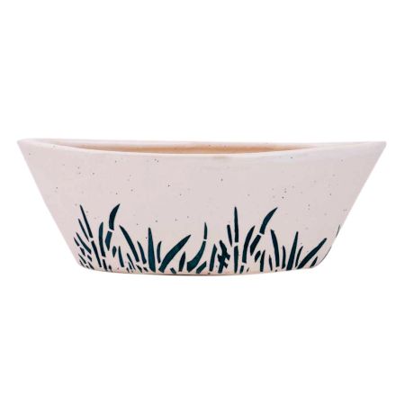 Oval Shape White Ceramic Pot With Hand painted Black Leaves