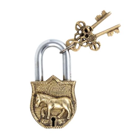 Old Brass Horse Design Lock With 2 Decorative Keys