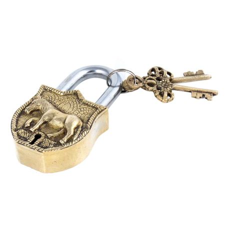 Old Brass Horse Design Lock With 2 Decorative Keys