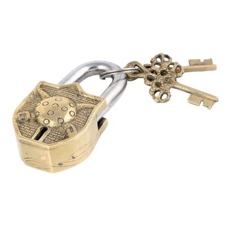 Brass Dhal Talwar Design Padlock With 2 Decorative Keys