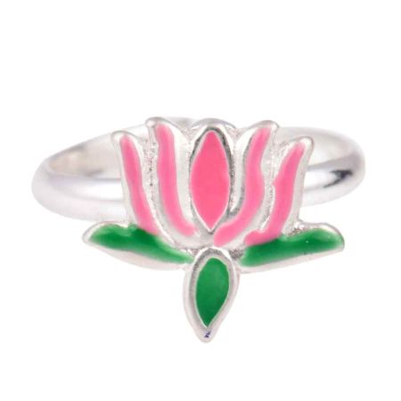 Pink Lotus Flower Adjustable Silver Children Toe Ring