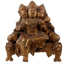 Handmade Brown Brass Three Face Lord Hanuman Statue Seated On Throne
