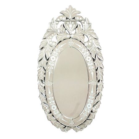 Handmade Silver Glass Oval Venetian Mirror With Carved Frame
