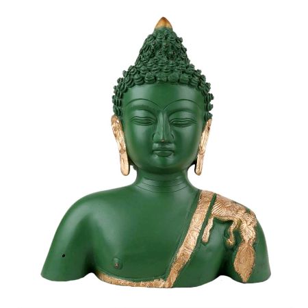 Handmade Antique Green Brass Lord Buddha Bust Statue