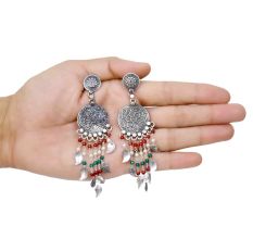 Handmade Oxidized Silver Long Drop Dangle Earrings Embellished With Red And Green Beads