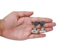 Handmade Oxidised Silver Laxmi On Coin Dome Shaped Jhumkas With Pearl Beads