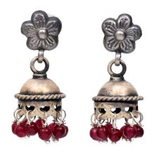Handmade Oxidized Silver Jhumki Earrings With Floral stud And Red Beads