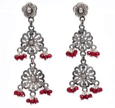Handmade Oxidized Silver Floral Design Red Stone Dangle Earrings for Women and Girls