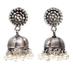 Handmade Oxidized Silver Floral Stud Jhumki Jhumka Earring With Pearl Beads