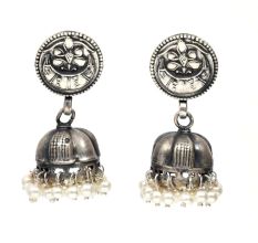 Handmade Oxidized Silver Engraved Jhumki Earrings With Pearl Bead Hangings
