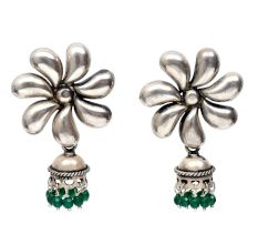 Handmade Oxidized Silver Jhumki With Big Flower Stud With Green Bead Hangings