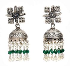 Handmade Oxidized Silver Jhumkis Earring With White Pearl Long Tassel