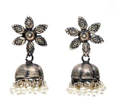 Handmade Oxidized Silver Jhumkis With Big Petal Flower Stud Design And Pearl Hangings