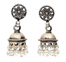 Handmade Oxidized Silver Pearl Floral Stud Jhumki Jhumka Earring