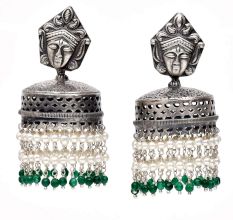 Handmade Oxidized Silver Goddess Face Drum Jhumkis With Pearl And Green Bead Tassels