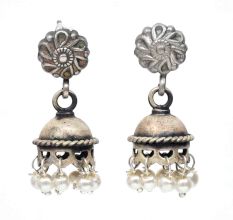 Handmade Oxidized Silver Floral Jhumka Earrings With Pearl Hangings For Women And Girls