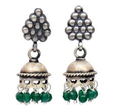 Handmade Oxidized Silver Jhumki Earrings  Grape Cluster And Green Bead Hanging