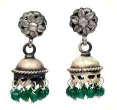 Handmade Oxidized Silver Stud Jhumka Earrings for Girls and Women With Green Beads