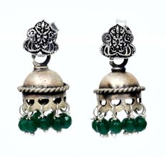 Handmade Oxidized Silver Jhumki Earring For Women With Engraved  Floral Stud And Green Beads