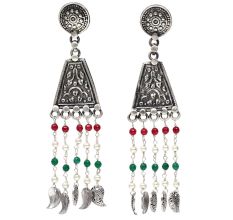 Handmade Oxidized Silver Tassel Earrings With Red And Green Beads