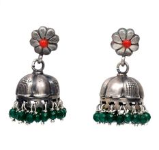 Handmade Oxidized Silver Jhumki Earrings With Green Beads for Women