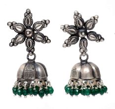 Handmade Oxidized Floral Antique Tribal Jhumki With Green Beads