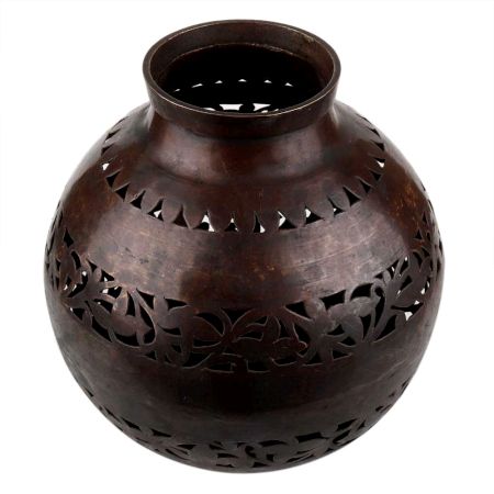 Handmade Copper Finish Brass Textured Carved Flower Vase