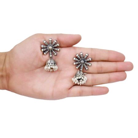 HandmadeÂ Oxidized Silver Jhumki Jhumka Earrings For Women With Sun Shape Stud