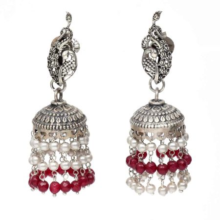 Handmade Oxidized Silver Peacock Jhumki Earrings With Stones