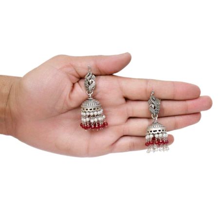 Handmade Oxidized Silver Peacock Jhumki Earrings With Stones
