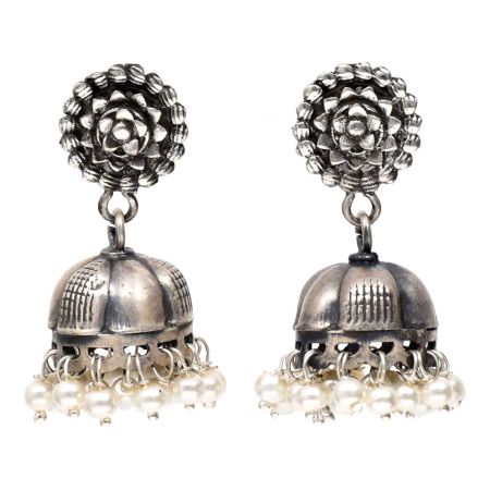 Handmade Oxidized Silver Floral Stud Jhumki Jhumka Earring With Pearl Beads