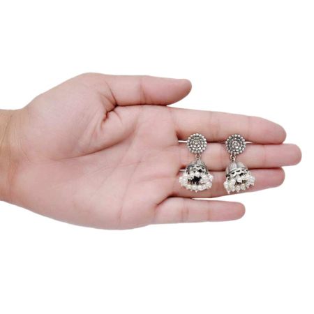 Handmade Oxidized Silver Floral Stud Jhumki Jhumka Earring With Pearl Beads