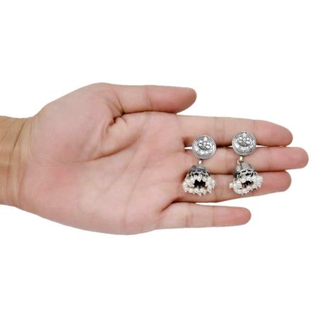 Handmade Oxidized Silver Engraved Jhumki Earrings With Pearl Bead Hangings