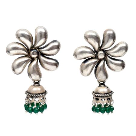 Handmade Oxidized Silver Jhumki With Big Flower Stud With Green Bead Hangings