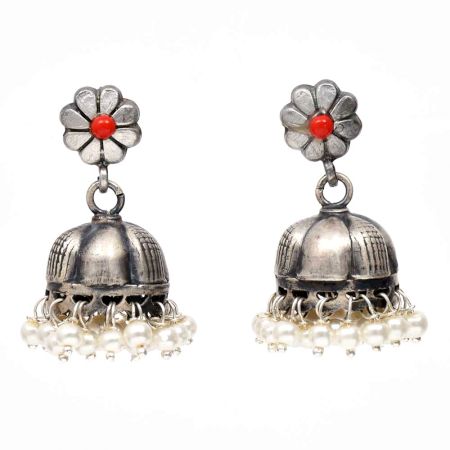 Handmade Oxidized Silver Punjabi Traditional Jhumka With Pear Beads