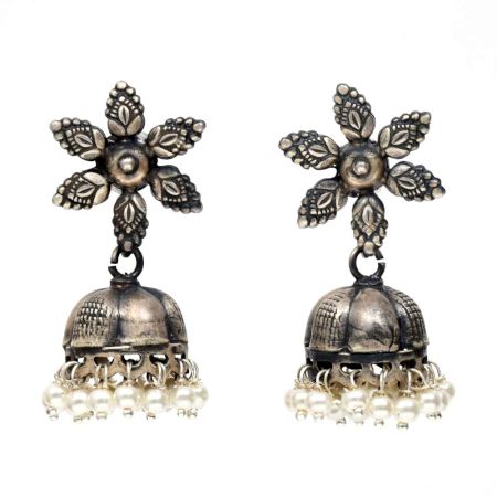 Handmade Oxidized Silver Jhumkis With Big Petal Flower Stud Design And Pearl Hangings
