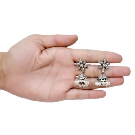 Handmade Oxidized Silver Jhumkis With Big Petal Flower Stud Design And Pearl Hangings