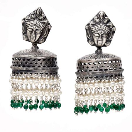 Handmade Oxidized Silver Goddess Face Drum Jhumkis With Pearl And Green Bead Tassels