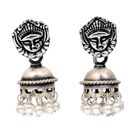 Handmade Oxidized Silver Goddess Face Bell Shape With Pearl Hangings
