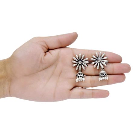 Handmade Oxidized Silver Jhumki Earring Sunflower Stud And Pearl Tassel
